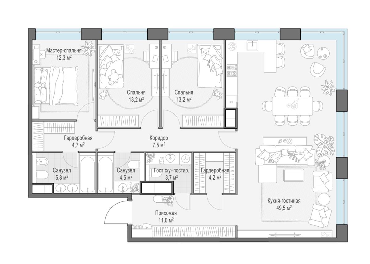 Планировка 4-комнатная квартира в ЖК West Garden (Вест Гарден)