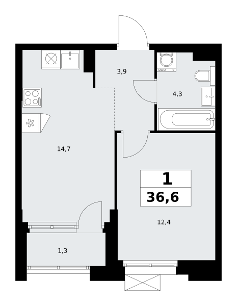 Планировка 1-комнатная квартира в ЖК "Прокшино"