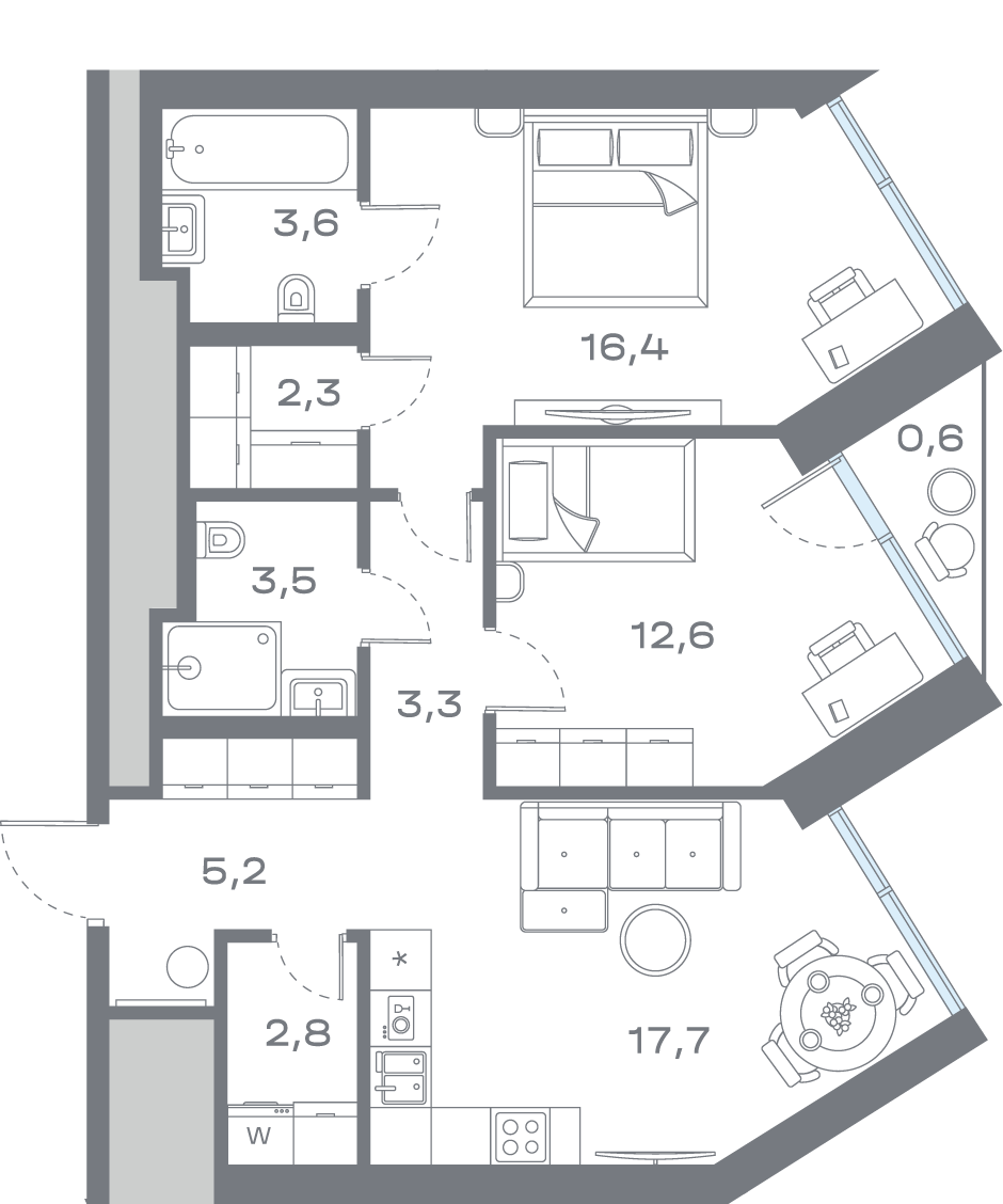 Планировка 2-комнатная квартира в ЖК "Дом Горизонтов"