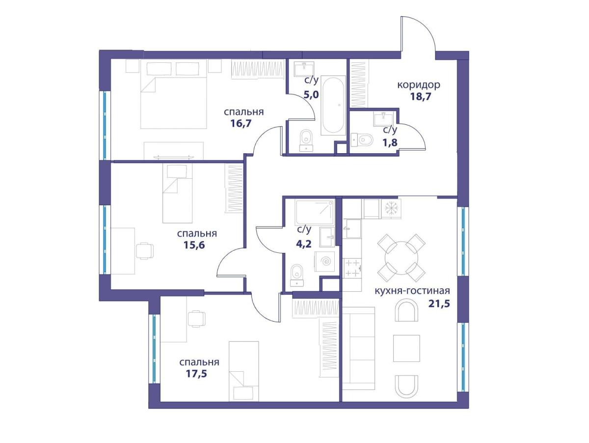 Планировка 3-комнатная квартира в ЖК "Событие"