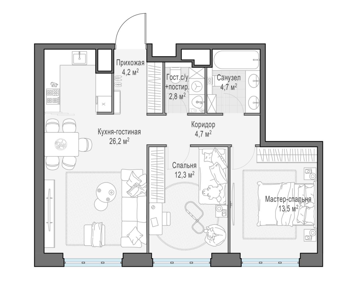 Планировка 3-комнатная квартира в ЖК West Garden (Вест Гарден)