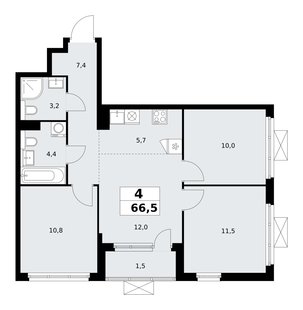 Планировка 4-комнатная квартира в ЖК "Бунинские Кварталы"