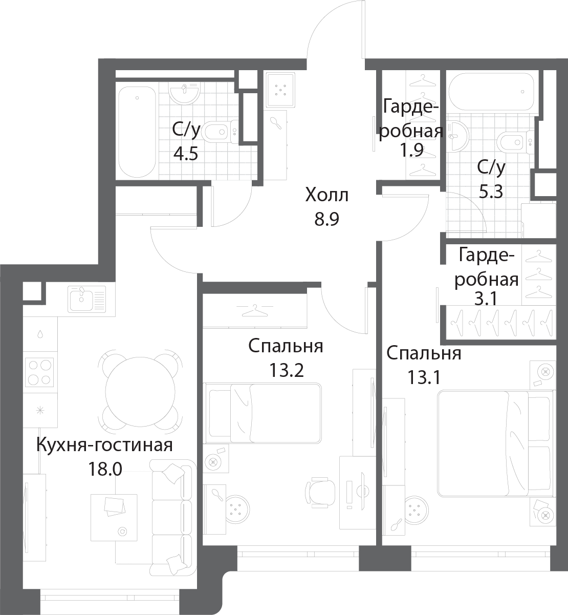 Планировка 2-комнатная квартира в ЖК Nagatino i-Land (Нагатино ай-лэнд)