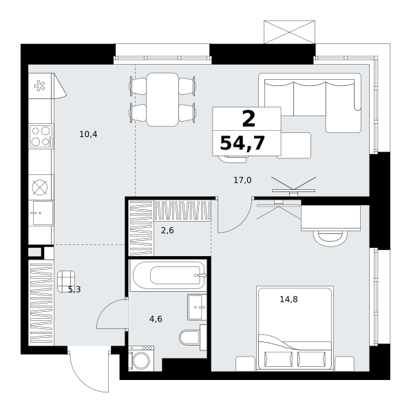Планировка 2-комнатная квартира в ЖК "Дзен-кварталы"