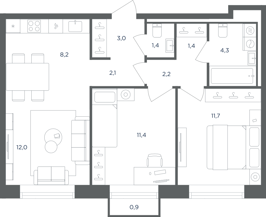 Планировка 3-комнатная квартира в ЖК "Равновесие"