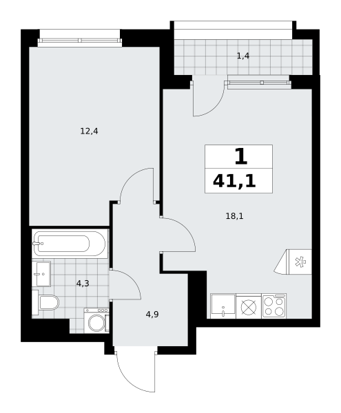 Планировка 1-комнатная квартира в ЖК "Прокшино"