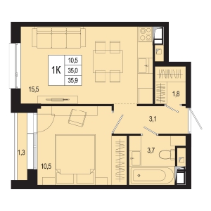 Планировка 1-комнатная квартира в ЖК "Новая Щербинка"