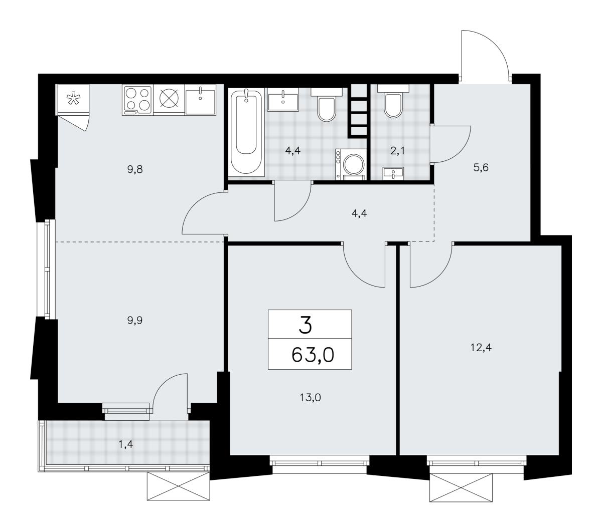 Планировка 3-комнатная квартира в ЖК "Прокшино"