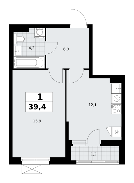 Планировка 1-комнатная квартира в ЖК "Прокшино"