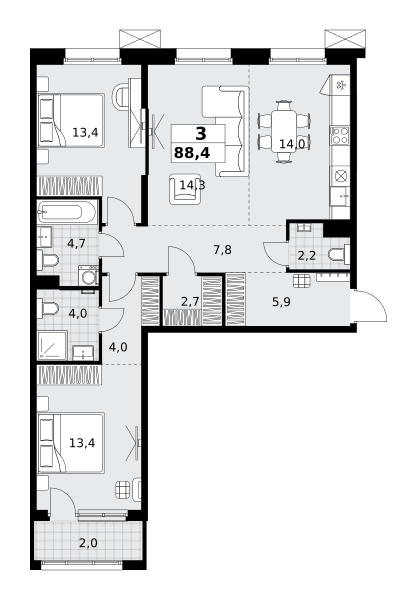 Планировка 3-комнатная квартира в ЖК "Дзен-кварталы"