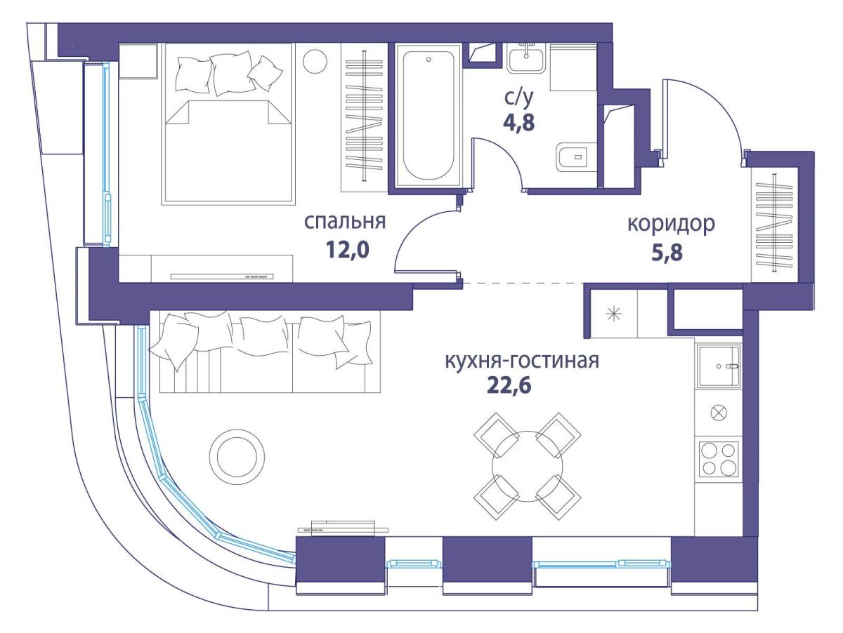 Планировка 1-комнатная квартира в ЖК "Символ"