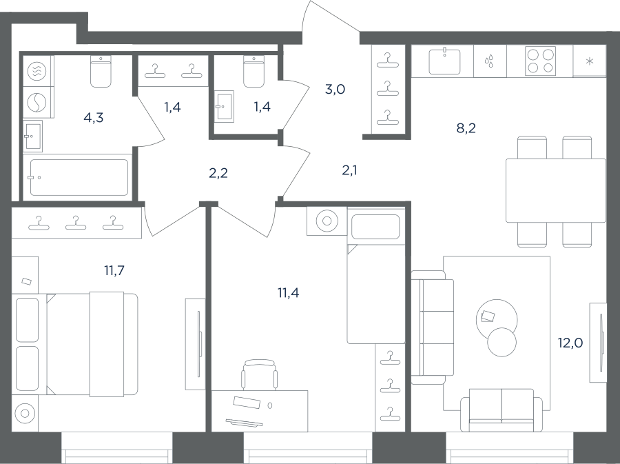 Планировка 3-комнатная квартира в ЖК "Равновесие"
