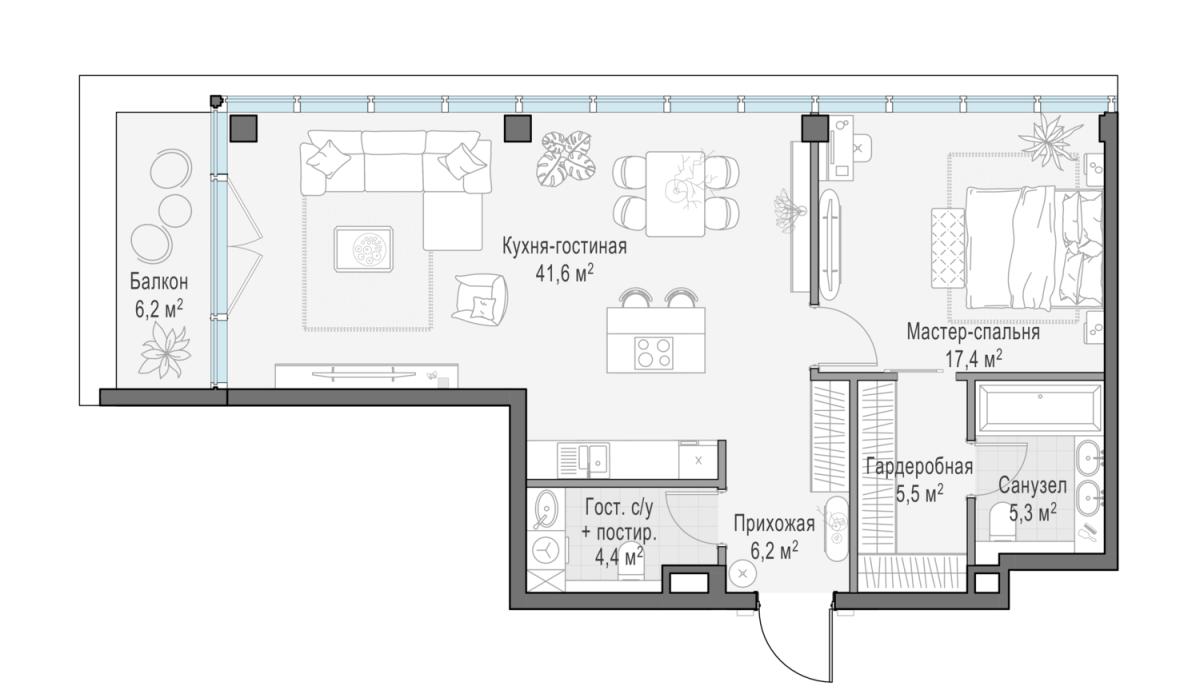 Планировка 1-комнатная квартира в Клубный город-парк "Фрунзенская набережная"