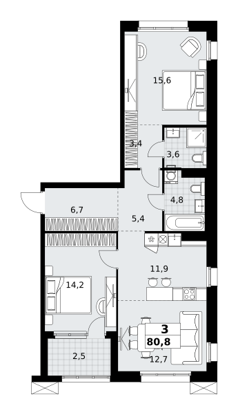 Планировка 3-комнатная квартира в ЖК "Дзен-кварталы"