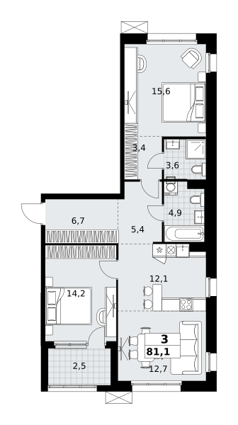 Планировка 3-комнатная квартира в ЖК "Дзен-кварталы"