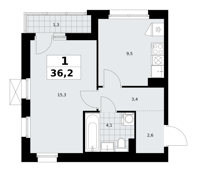 Планировка 1-комнатная квартира в ЖК "Прокшино"