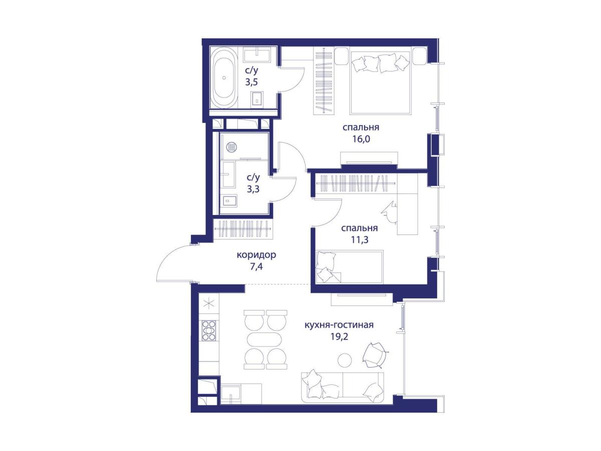 Планировка 2-комнатная квартира в ЖК "Событие"
