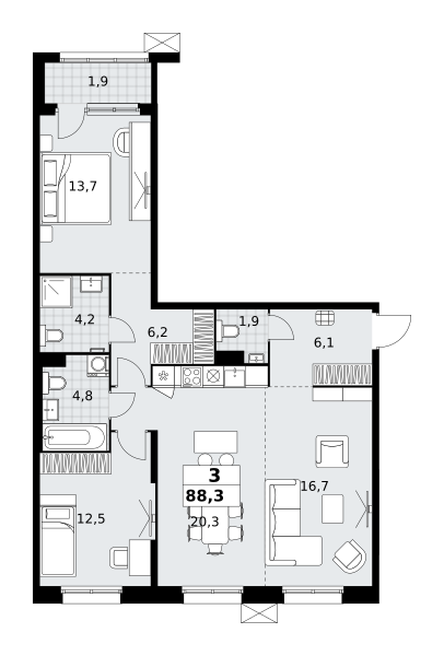 Планировка 3-комнатная квартира в ЖК "Дзен-кварталы"