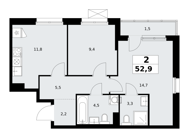 Планировка 2-комнатная квартира в ЖК "Прокшино"