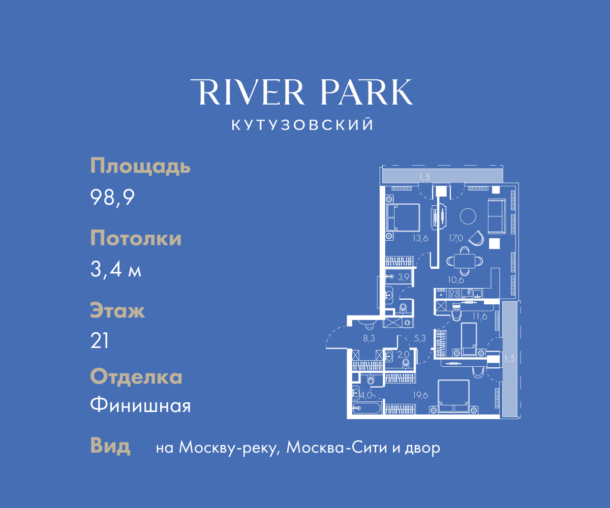 Планировка 3-комнатная квартира в ЖК "River Park Кутузовский" (Ривер парк Кутузовский)