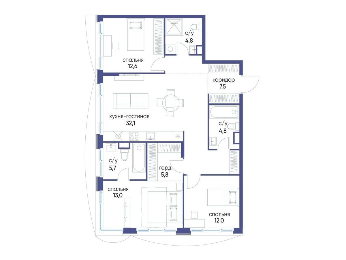 Планировка 3-комнатная квартира в ЖК "Остров"