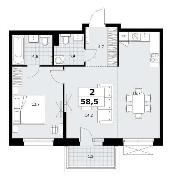 Планировка 2-комнатная квартира в ЖК "Дзен-кварталы"