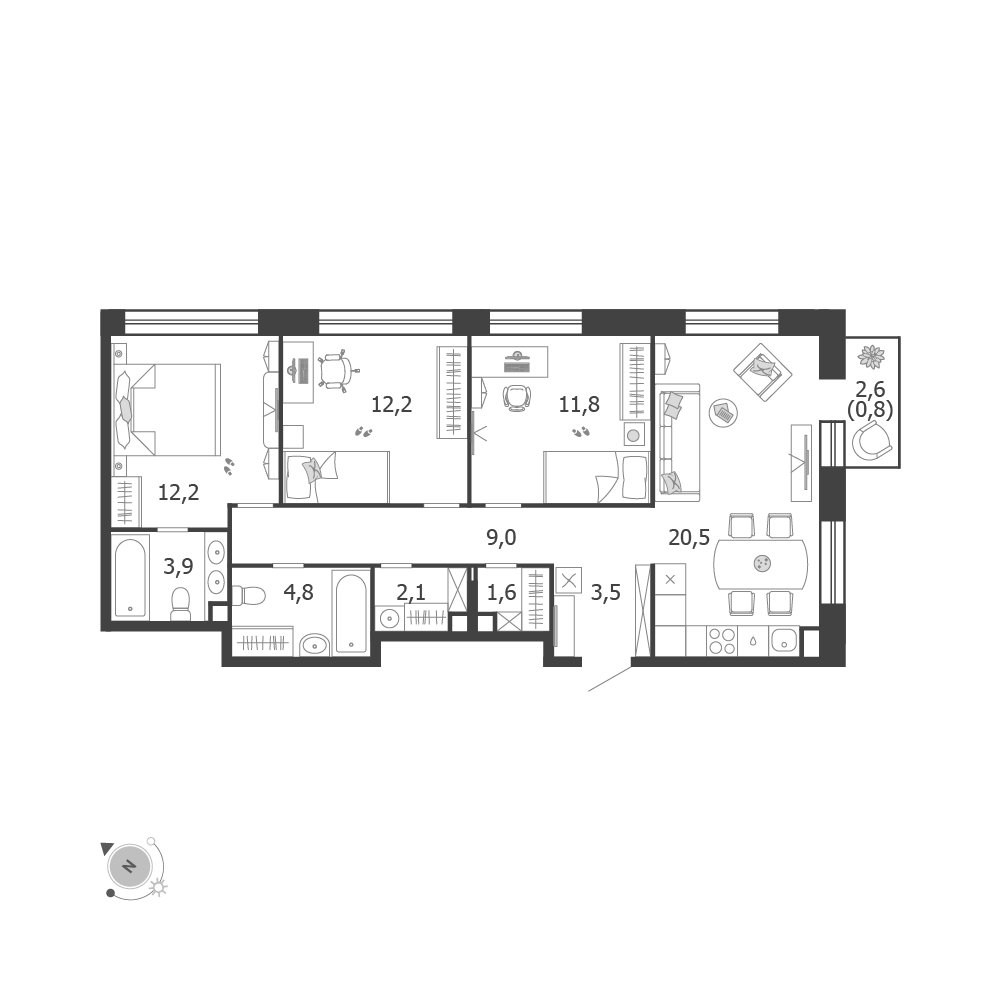 Планировка 3-комнатная квартира в ЖК Shagal (Шагал)