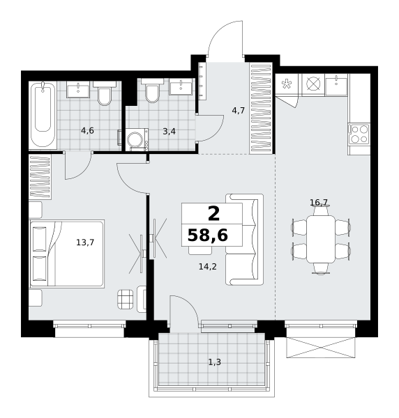 Планировка 2-комнатная квартира в ЖК "Дзен-кварталы"
