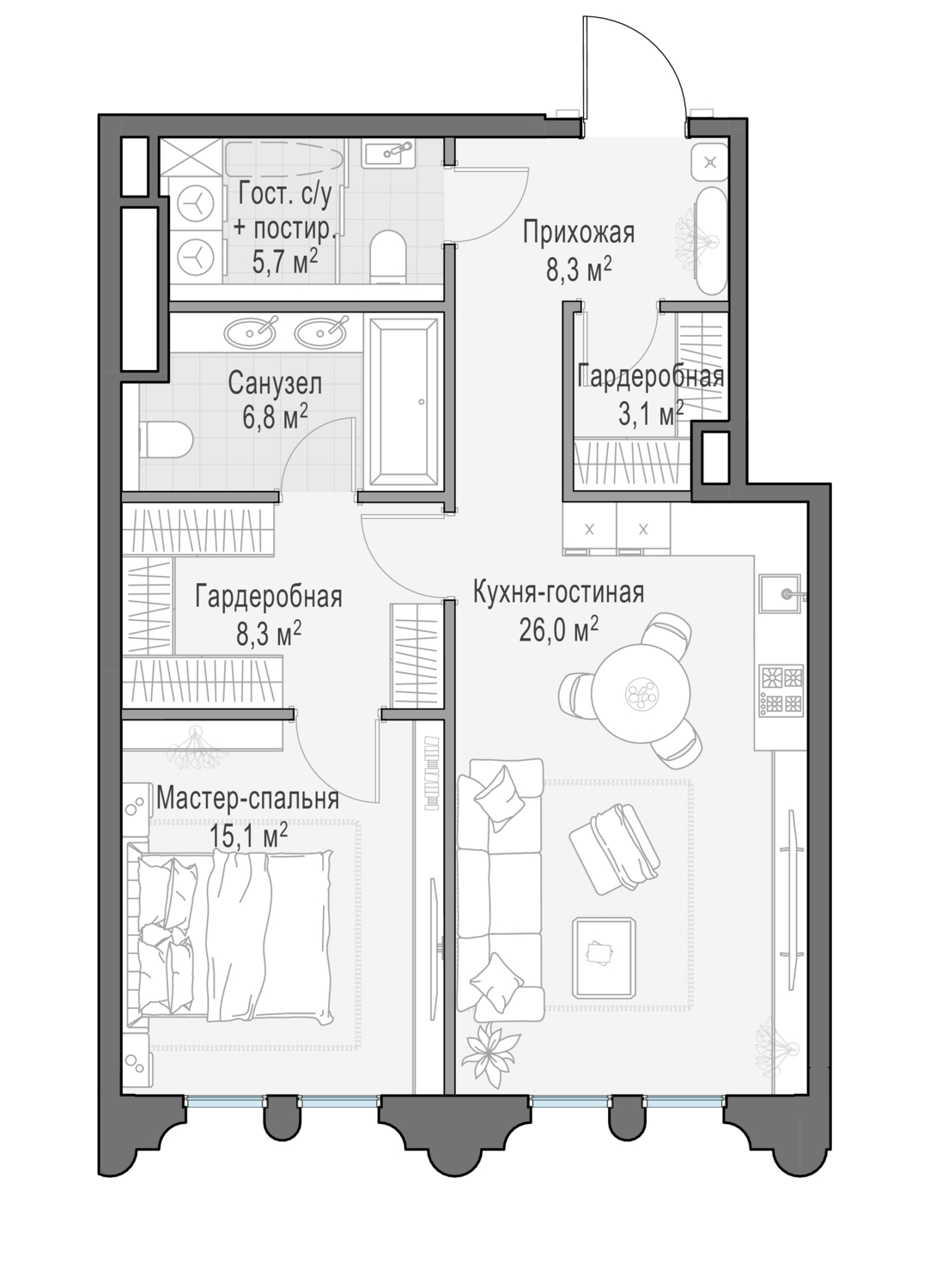 Планировка 1-комнатная квартира в Клубный город-парк "Фрунзенская набережная"