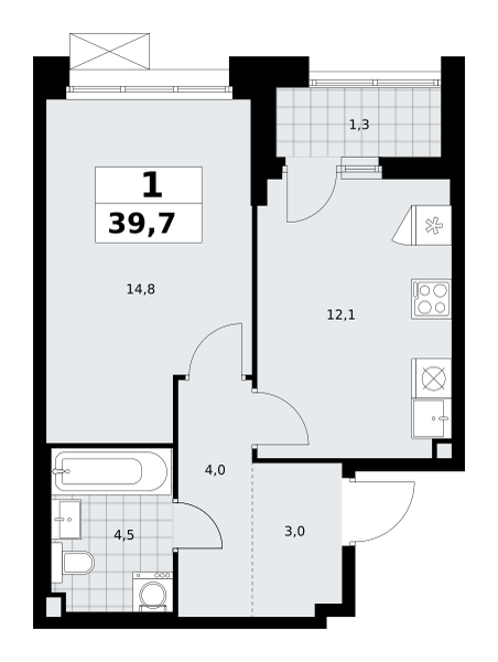 Планировка 1-комнатная квартира в ЖК "Прокшино"