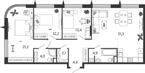 Планировка 3-комнатная квартира в ЖК Shagal (Шагал)