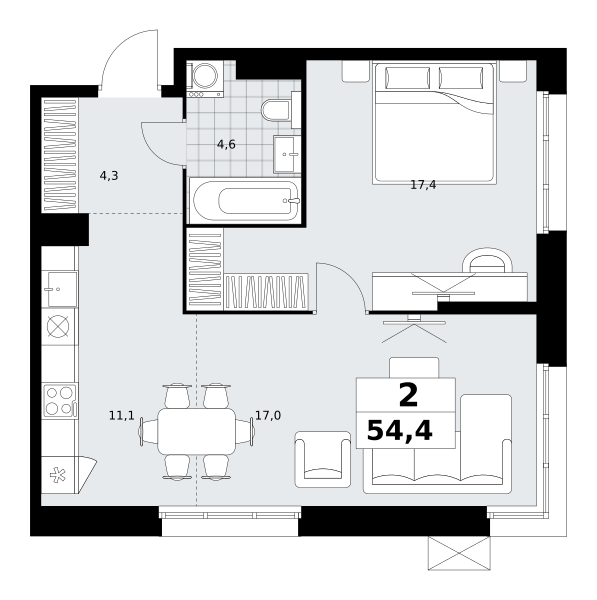 Планировка 2-комнатная квартира в ЖК "Дзен-кварталы"