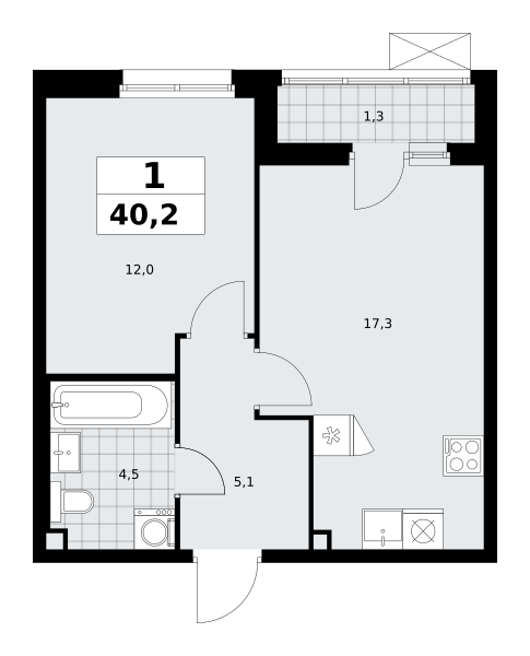 Планировка 1-комнатная квартира в ЖК "Прокшино"