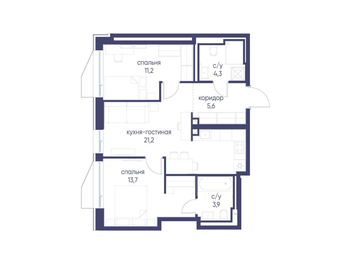 Планировка 2-комнатная квартира в ЖК "Символ"