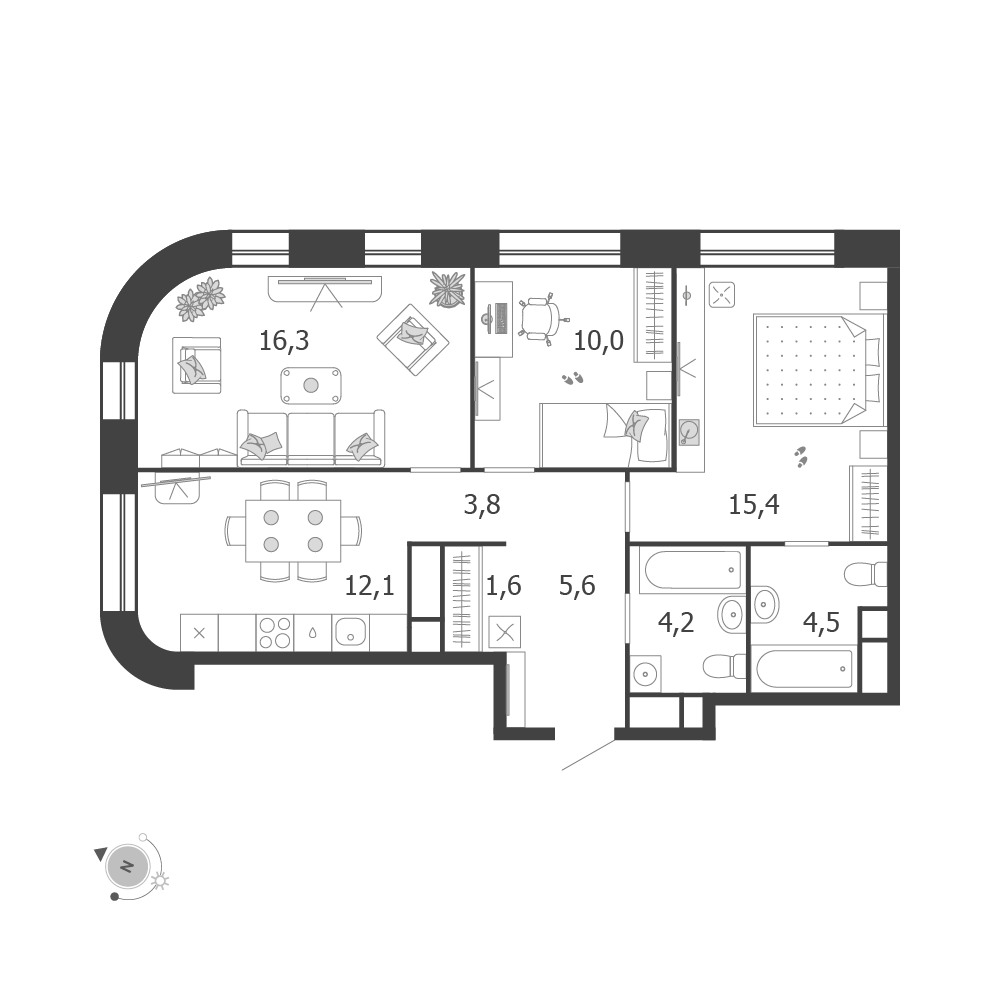 Планировка 3-комнатная квартира в ЖК Shagal (Шагал)
