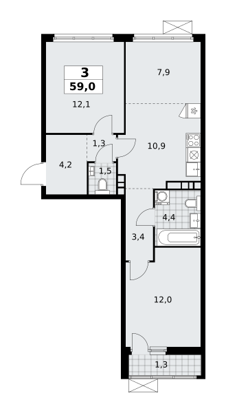 Планировка 3-комнатная квартира в Жилой район "Скандинавия"