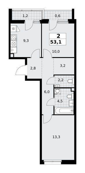 Планировка 2-комнатная квартира в ЖК "Прокшино"