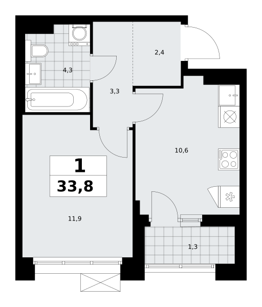 Планировка 1-комнатная квартира в ЖК "Прокшино"