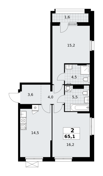 Планировка 2-комнатная квартира в ЖК "Прокшино"