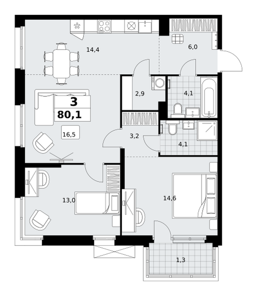 Планировка 3-комнатная квартира в ЖК "Дзен-кварталы"