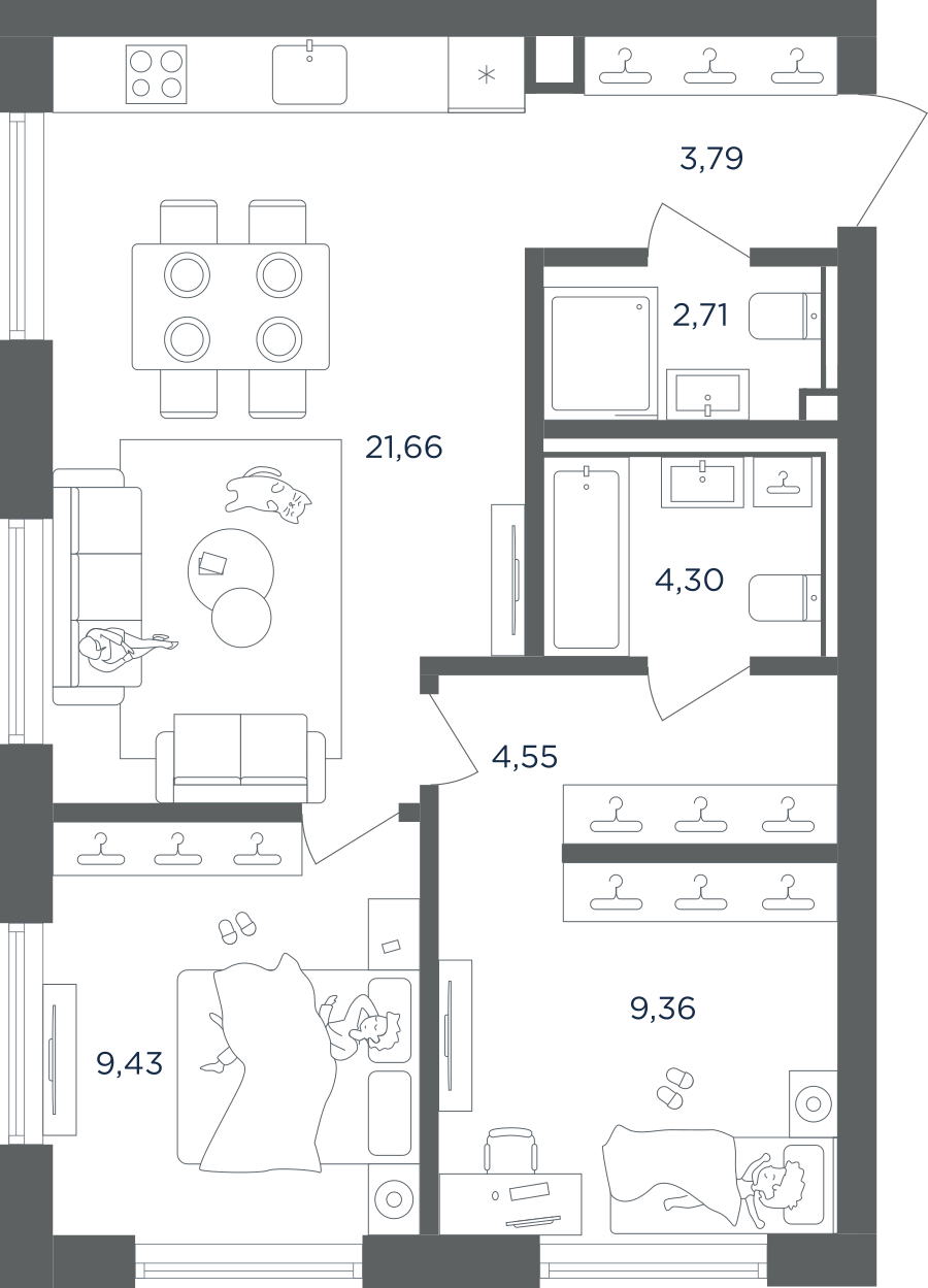 Планировка 2-комнатная квартира в ЖК  ULTIMAcity (Ультима Сити)
