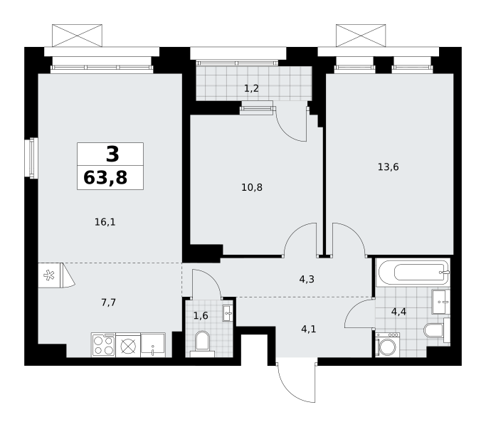 Планировка 3-комнатная квартира в ЖК "Прокшино"