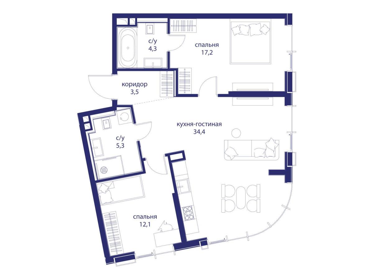 Планировка 2-комнатная квартира в ЖК "Событие"