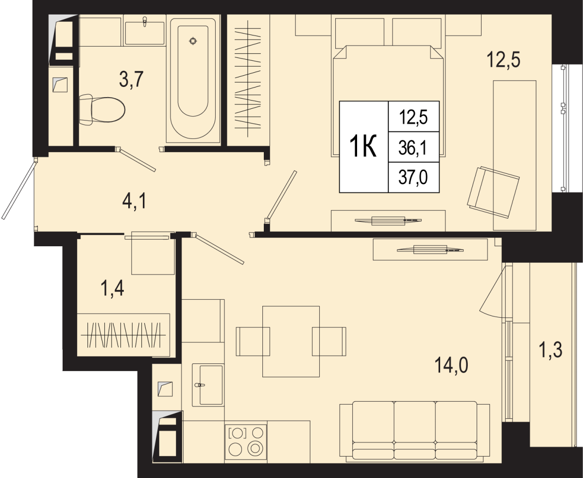 Планировка 1-комнатная квартира в ЖК "Новая Щербинка"