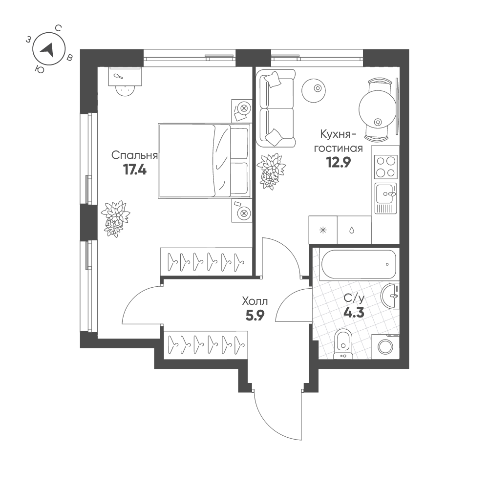 Планировка 1-комнатная квартира в ЖК Shagal (Шагал)