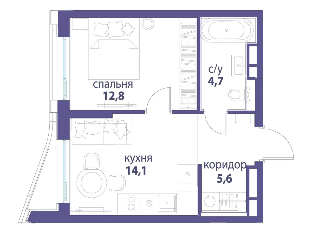 Планировка 1-комнатная квартира в ЖК "Символ"
