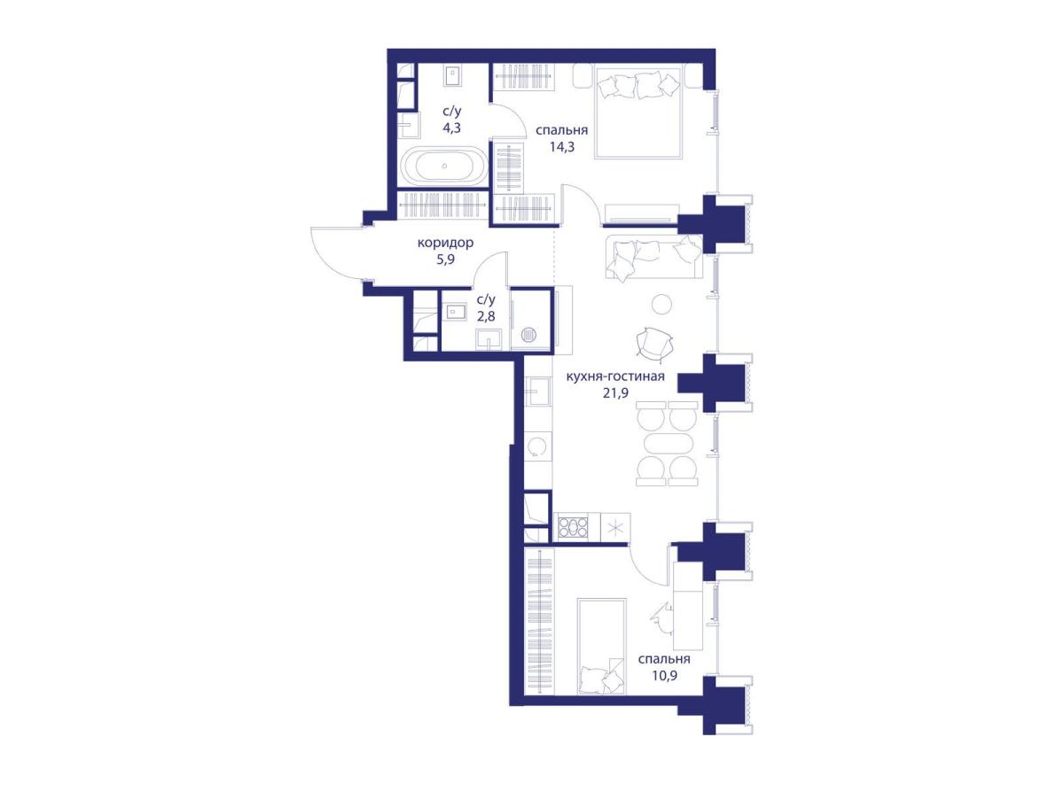 Планировка 2-комнатная квартира в ЖК "Событие"