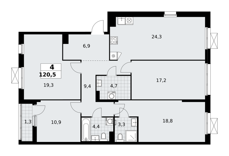 Планировка 4-комнатная квартира в ЖК "Прокшино"