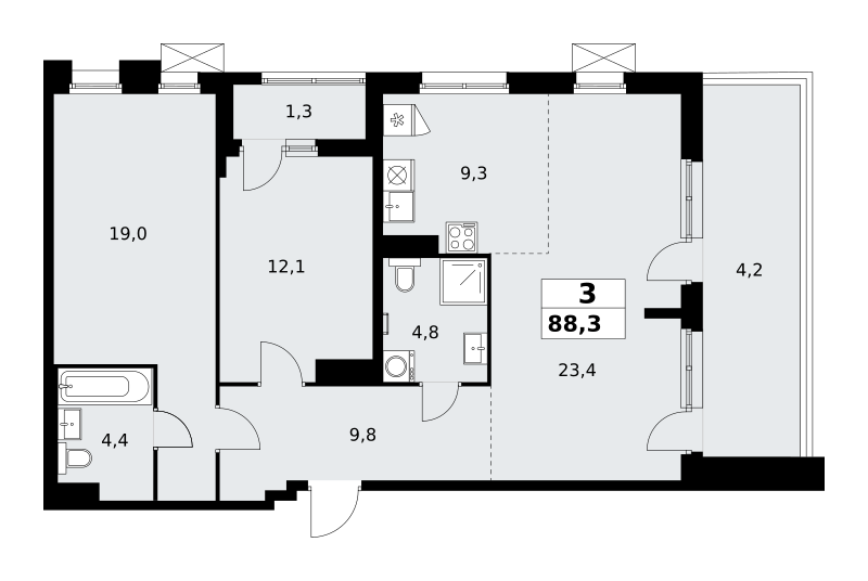 Планировка 3-комнатная квартира в ЖК "Прокшино"
