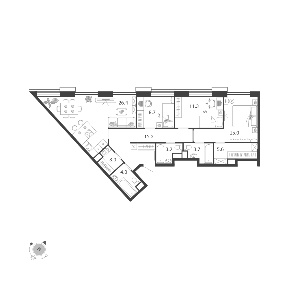 Планировка 3-комнатная квартира в ЖК Voxhall (Воксхолл)